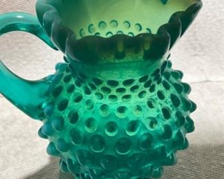Fenton syrup pitcher - hob nail, crimp edge with handle 