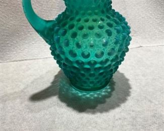 Fenton syrup pitcher - hob nail, crimp edge with handle 