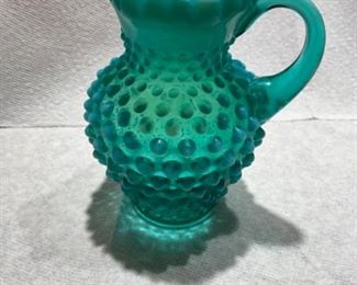 Fenton syrup pitcher - hob nail, crimp edge with handle 