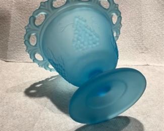 Fenton - Blue satin, open lace vase on pedestal w/grapes
