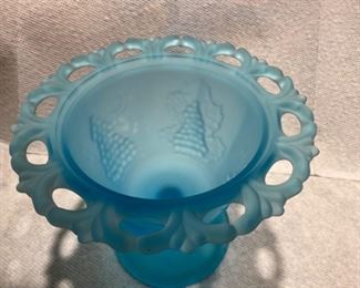 Fenton - Blue satin, open lace vase on pedestal w/grapes
