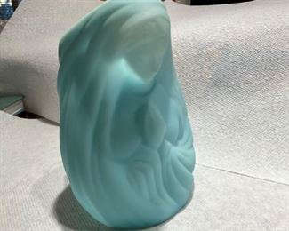 Fenton Madonna fairy lamp in blue satin glass; has original metal & glass handled candle holder insert