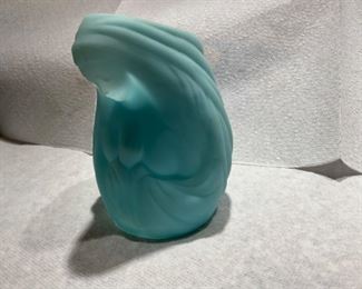 Fenton Madonna fairy lamp in blue satin glass; has original metal & glass handled candle holder insert