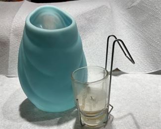 Fenton Madonna fairy lamp in blue satin glass; has original metal & glass handled candle holder insert