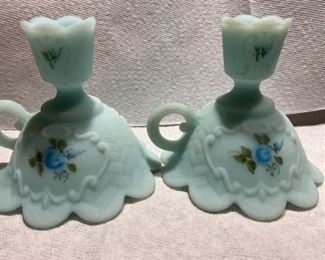 Fenton set of 2 hand painted & signed candle holders