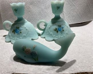 Fenton candle holders & whale - all hand painted