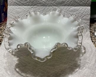Fenton silver crest opalescent  bowl with ruffle clear edge
