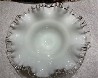 Fenton silver crest opalescent  bowl with ruffle clear edge