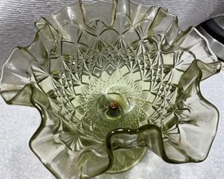 Fenton ruffle edge blocked design light green footed bowl or compote