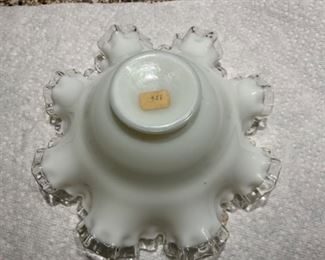 Fenton silver crest opalescent bowl with clear ruffle edge