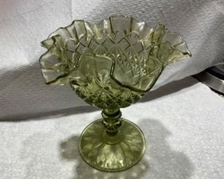 Fenton ruffle edge blocked design light green footed bowl or compote