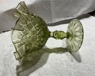 Fenton ruffle edge blocked design light green footed bowl or compote