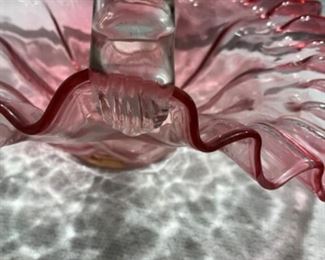 Fenton ruby opalescent handled basket 