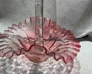 Fenton ruby opalescent handled basket 