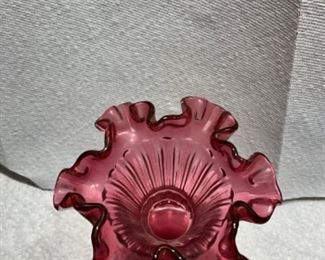 Fenton ruffle edge ruby vase - ribbed- with rope design in middle