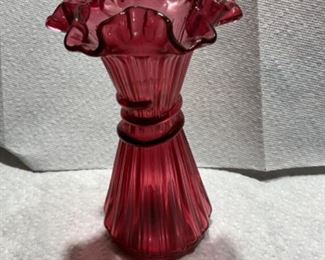 Fenton ruffle edge ruby vase - ribbed- with rope design in middle
