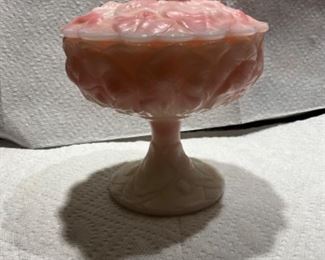 Fenton Rosealene glass stand candy dish with lid 