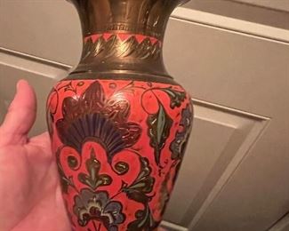 Brass vase with orange inlay flowers Saudi Arabia