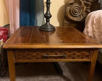 70s Retro wooden table with basket weave drawer