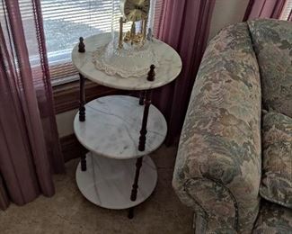 3-tier marble table, antique clock