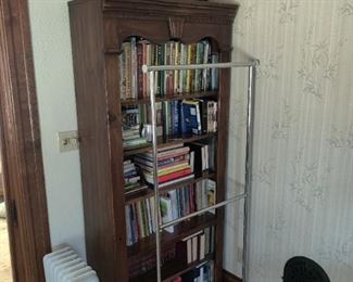 vintage bookcase, books, clothing rack