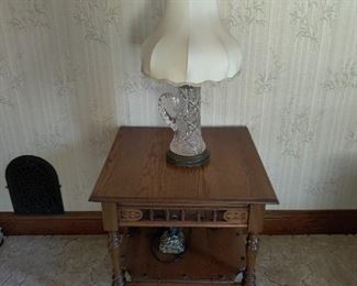vintage crystal lamp, antique wood end table