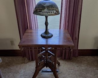 vintage painted glass lamp, antique wood end table