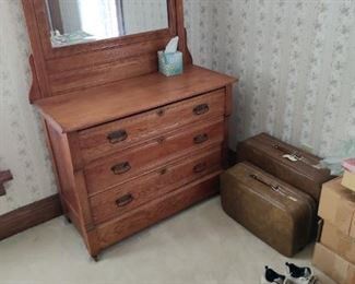 antique dresser with mirror, vintage luggage