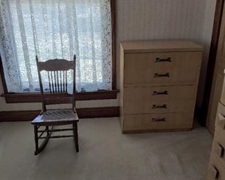 vintage dresser, caned rocker
