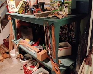 2 tool benches, craftsman drill, wrenches, screwdrivers, pickers buckets, router, clamps