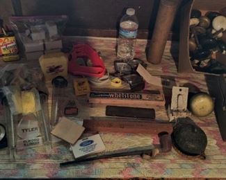 Whetstones, pipe, antique doorbells, knife sharpeners, doorknobs 