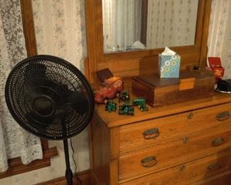 antique three drawer dresser with mirror, humidor, mini model tractor, 