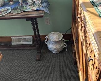 antique buffet, glass urn