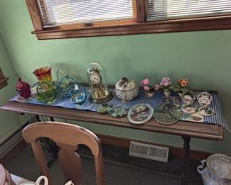 antique consul, antique clock, antique glass baskets