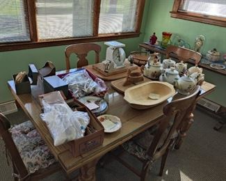 scales, teapots, silver plate silverware, cutting boards