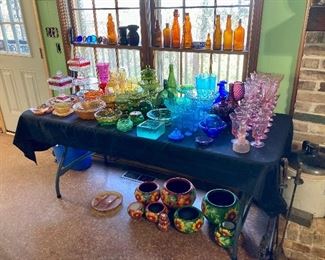 Multi colored vintage glassware from Fenton, Fostoria, Sowerby, LE Smith, Westmorland, Tiffen, & Indiana Glass