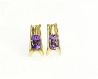 14k Oval-Cut Amethyst Curved Design Pierced Earrings