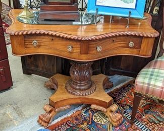 Antique Two-Drawer Stand with Carved Pedestal Base