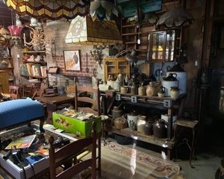 bean pots, chandliers, shelving, ottoman