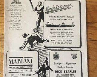 $40 - 1940’s original baseball program/scorecard for the Hollywood Stars and L. A Angels