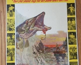 $150 - 1940’s Large store display cardboard poster for fishing in excellent condition 