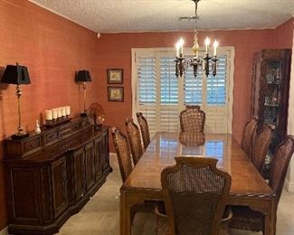 Drexel Heritage Sketchbook Dining Room Table with 8 Upholstered Seat, Cane back Chairs 