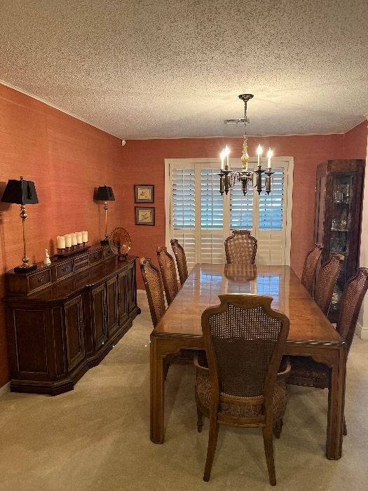 Drexel Heritage Sketchbook Dining Room Table with 8 Upholstered Seat, Cane back Chairs 