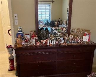 Christmas decorations on a Thomasville dresser and mirror, matching bedside table available.