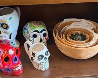 Talavera Skulls and a Set of 6 Clay Pottery Bowls