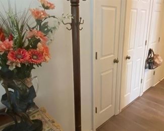 Vintage Coat Tree - wood with brass hooks