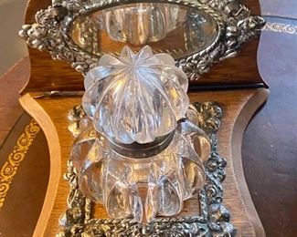 Vintage Crystal Inkwell on wooden tray.  3pc set includes calligraphy pen 