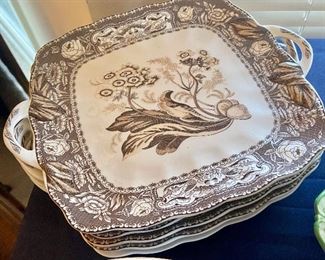 Vintage white & brown transfer ware 5-pc plate set with handles, Antique Reflections by J. Godinger & Co