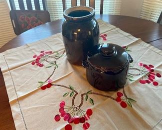 Vintage West Bend brown glazed Bean Pot Cookie Jar with Lid; Tall brown glazed ceramic Pot; vtg linen tablecloth 