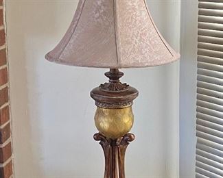 Art Deco Style Tall Table lamp featuring gold, bronze and pink accents